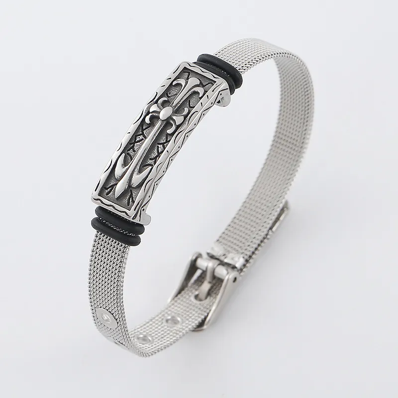 Stainless Steel Mesh Band Bracelet Gothic Cross Fleur De Lis Relief Plate Adjustable Watch Strap Style Wristband Unisex