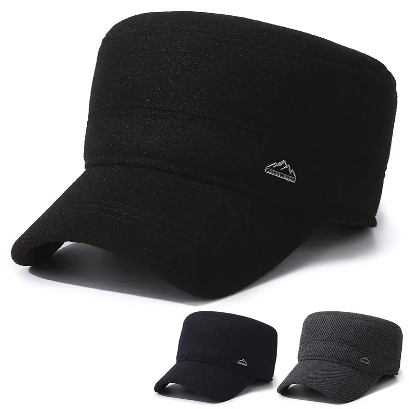 Herren Winter Cadet Cap Baumwolle Wolle Einfarbig Warm Ohrenschutz Outdoor Flach Oben Verstellbare Militär Hut