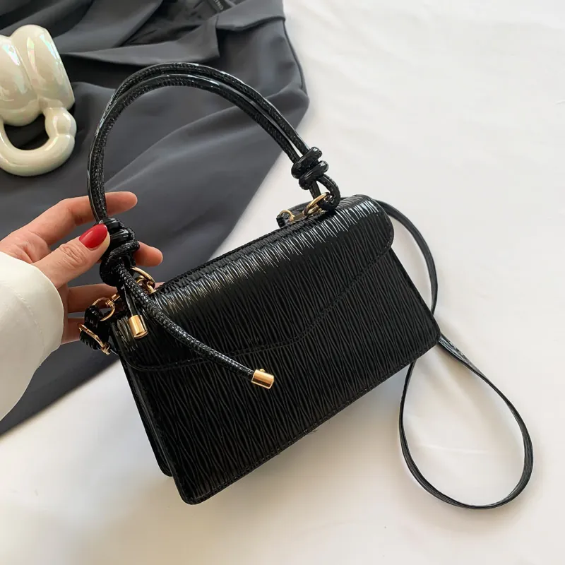 Retro Vertical Pleated PU Leather Crossbody Bag With Knot Handle Ruched Flap Shoulder Handbag Elegant Solid Color Women