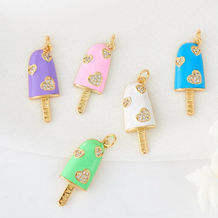 Eiscreme Popsicle Anhänger Kupfer 14K Vergoldet Emaille Herz Zirkon DIY Schmuckzubehör Western Style