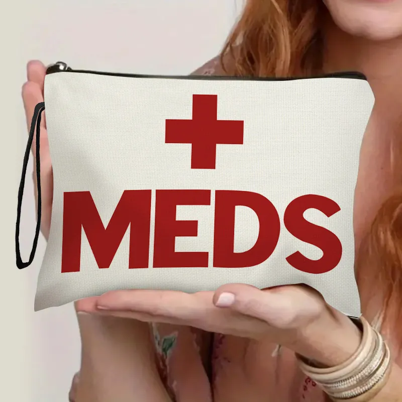 Linen Makeup Bag Portable Zipper Cosmetic Pouch Travel Medical Organizer Case With Wristlet Red Cross Print For Women