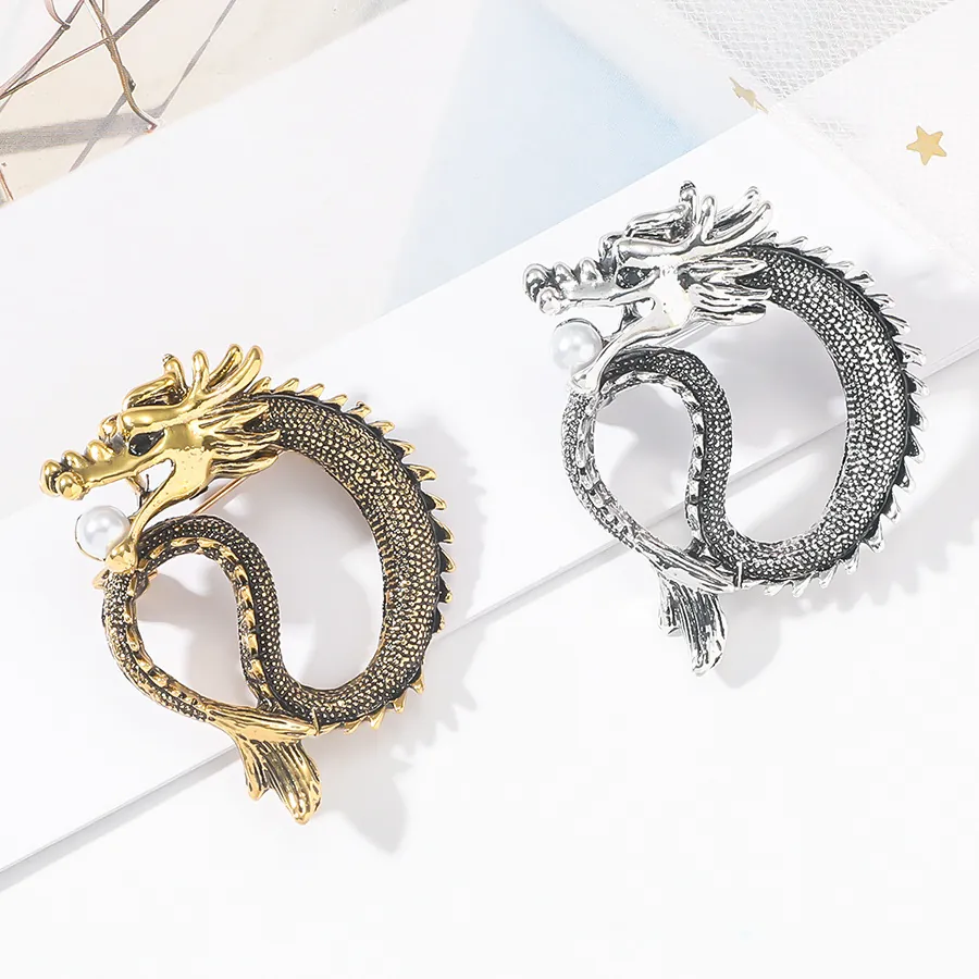 Vintage Chinese Dragon Totem Brooch Pin Alloy With Faux Artificial Pearl For Men Suit Coat Lapel Retro Ethnic Jewelry Accessory