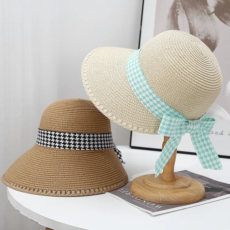 Women Straw Sun Hat Wide Brim Breathable Beach Cap With Houndstooth Ribbon Bowknot Elegant French Style