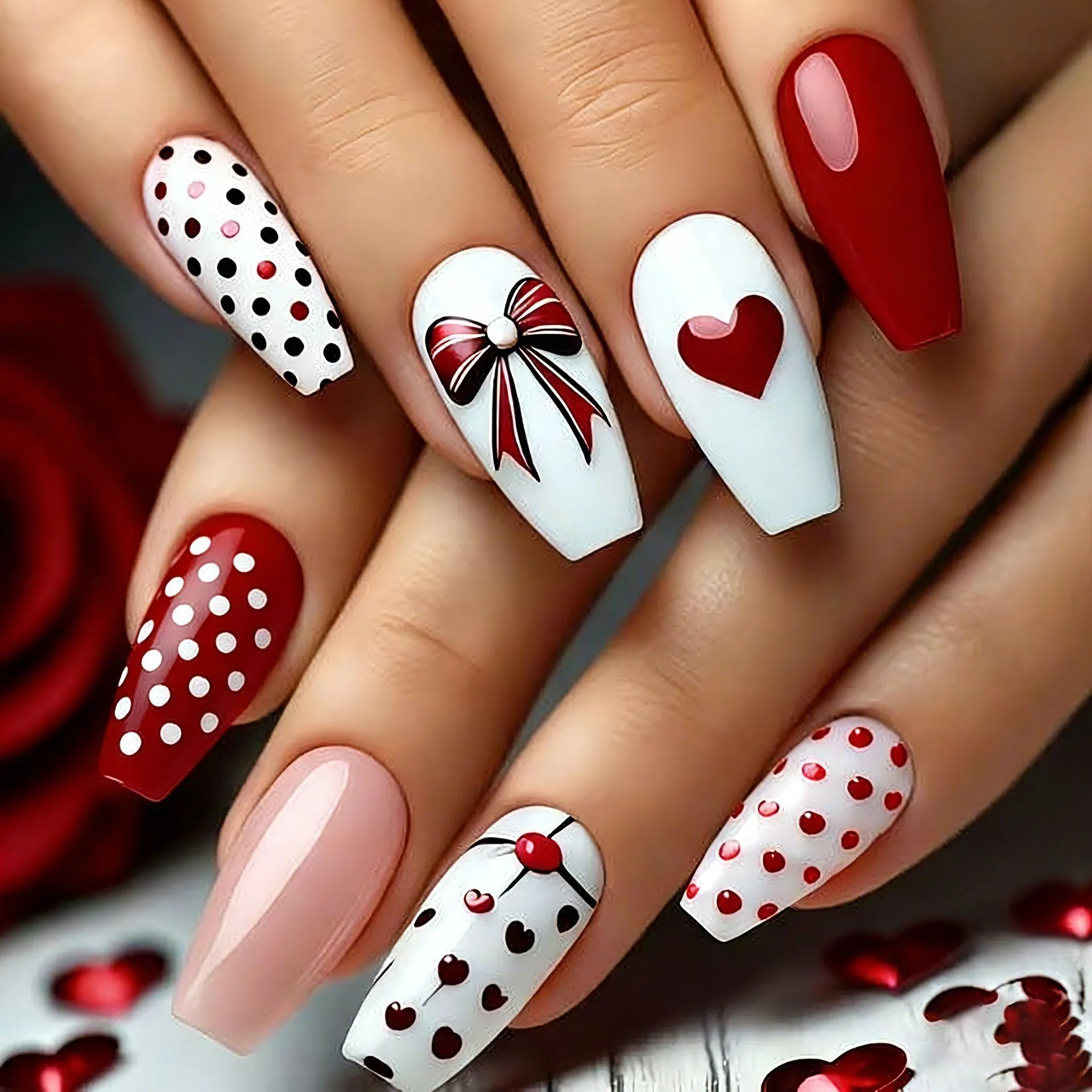 Unghie Finte Lunghe A Bara Unghie Artificiali Plastica ABS Rosso Bianco Dolce Cuore Fiocco Pois Festa San Valentino
