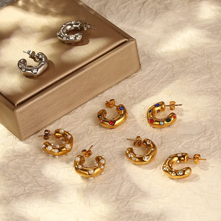 C-Form Creolen Aus Edelstahl Mit Zirkonia Und Künstliche Perlen Chunky Geometrisches Design Modeschmuck Für Frauen