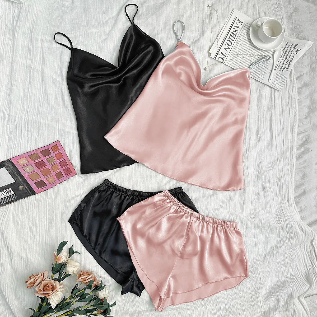 Pyjama En Satin Caraco Et Short Imitation Satin Sans Manches Col En V Vêtements De Détente Légers Pour Femmes