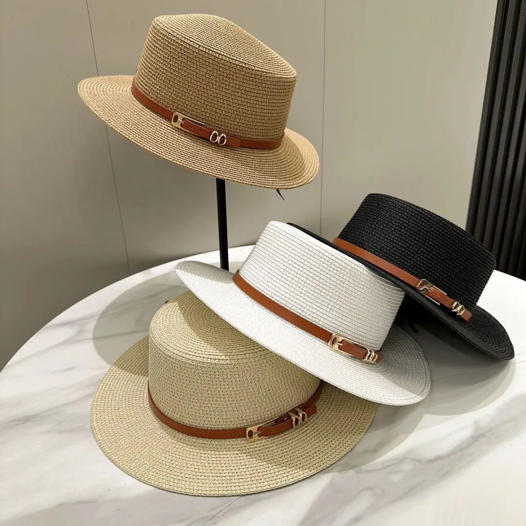 Women Straw Boater Hat Wide Brim Sun Protection Beach French Retro Elegant Style With Leather Band Metal Buckle
