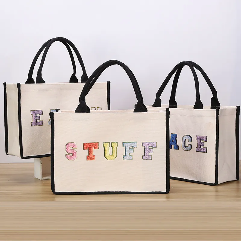 Canvas Tote Handbag Contrast Trim Embroidered Colorful Letter Design Minimalist Chic Shoulder Bag For Women Daily Use