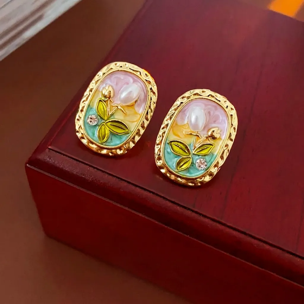 Vintage Ovale Blumen Künstliche Perlen Ohrstecker Mit Legierung Emaille Strass Und 925 Sterling Silber Ohrring Stecker Für Frauen