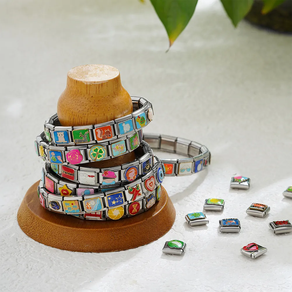 Charm Italiani Links Acciaio Inossidabile Smalto Modulari Bracciale Ciondoli DIY Creazione Gioielli Motivi Cibo Animali Donna