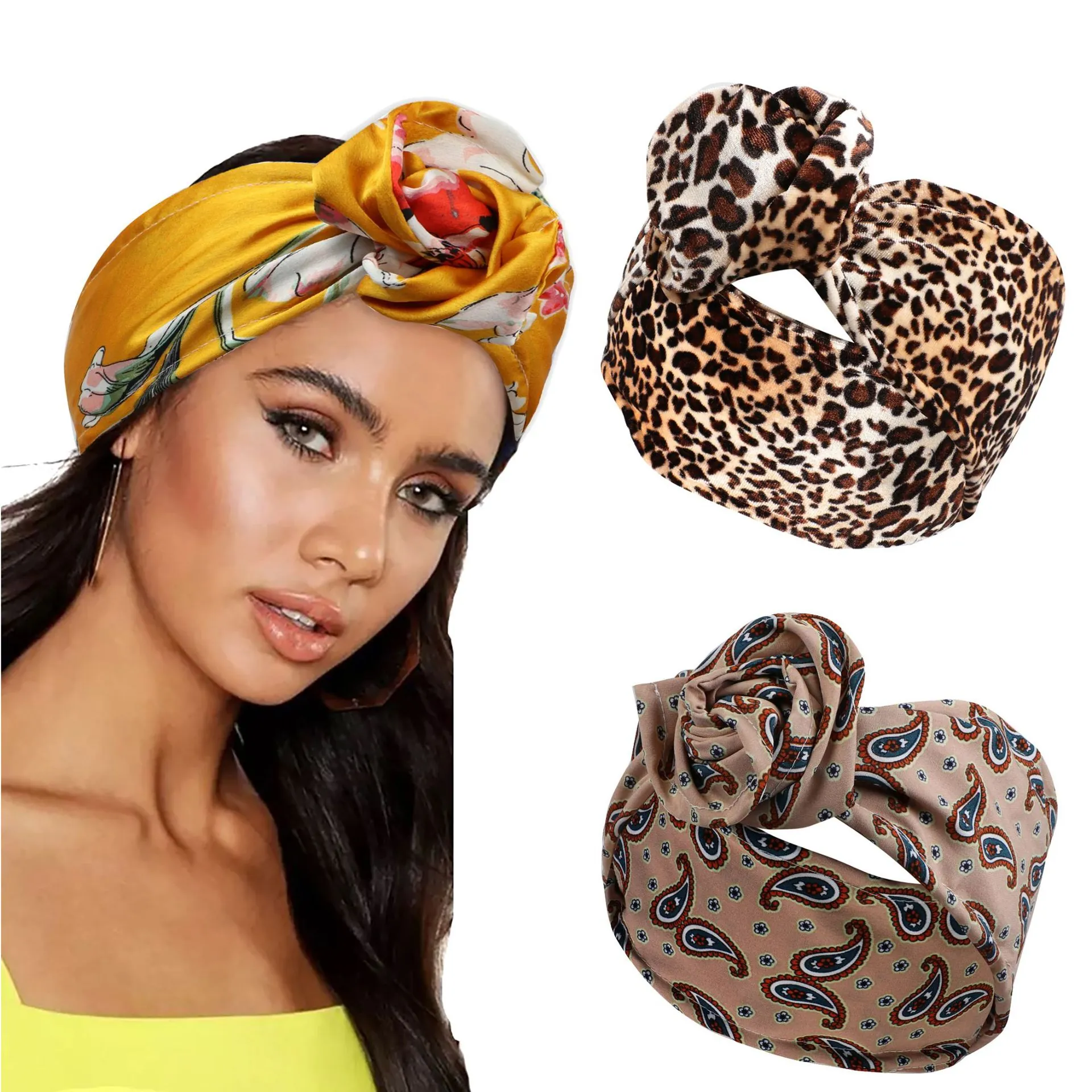 Gold Samt Bedrucktes Draht Haarknoten Macher Stirnband Für Damen Breiter Knoten Vintage Paisley Blumen Leopard Styling Zubehör
