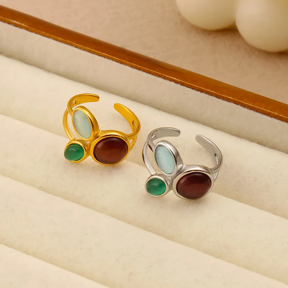 Bague Ouverte Réglable En Acier Inoxydable Pour Femmes Vintage Bohème Pierres Précieuses Ovales Colorées