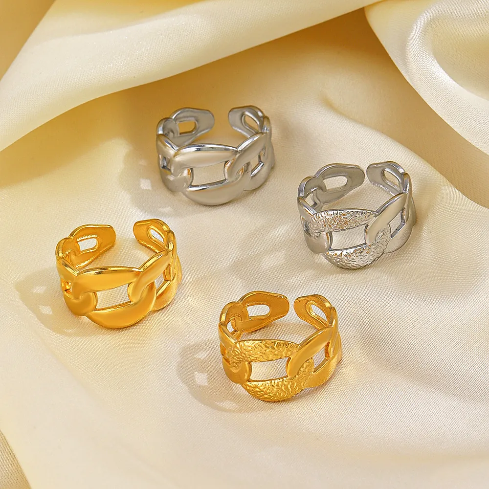 Stainless Steel Cuban Chain Ring 18K Gold Plated Adjustable Open Hammered Texture Retro Ins Style Jewelry For Women