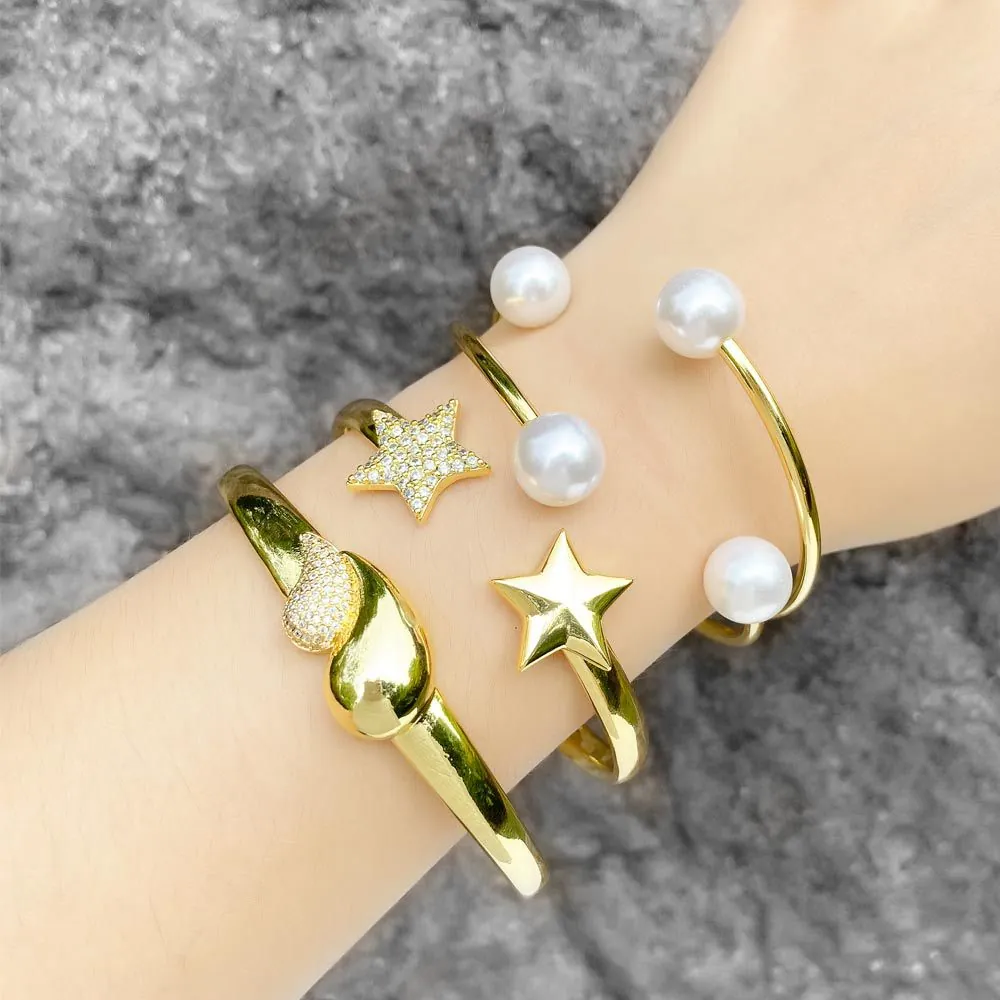Fashion Star Heart Open Cuff Bracelet Copper 18K Gold Plated With Zircon And Artificial Pearl Elegant Jewelry For Women
