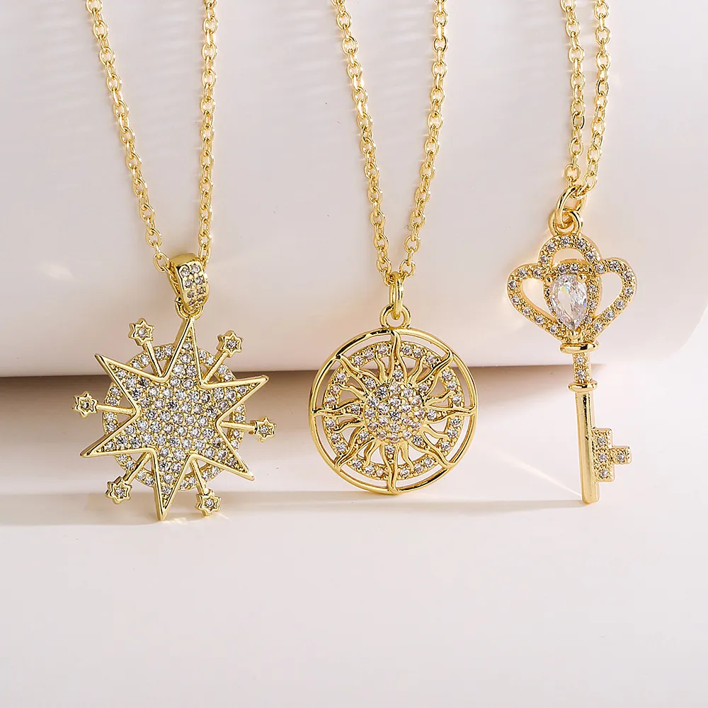 Kupfer Vergoldete Zirkonia Anhänger Halskette Hexagramm Stern Sonne Herz Schlüssel Mode Geometrischer Luxus Schmuck