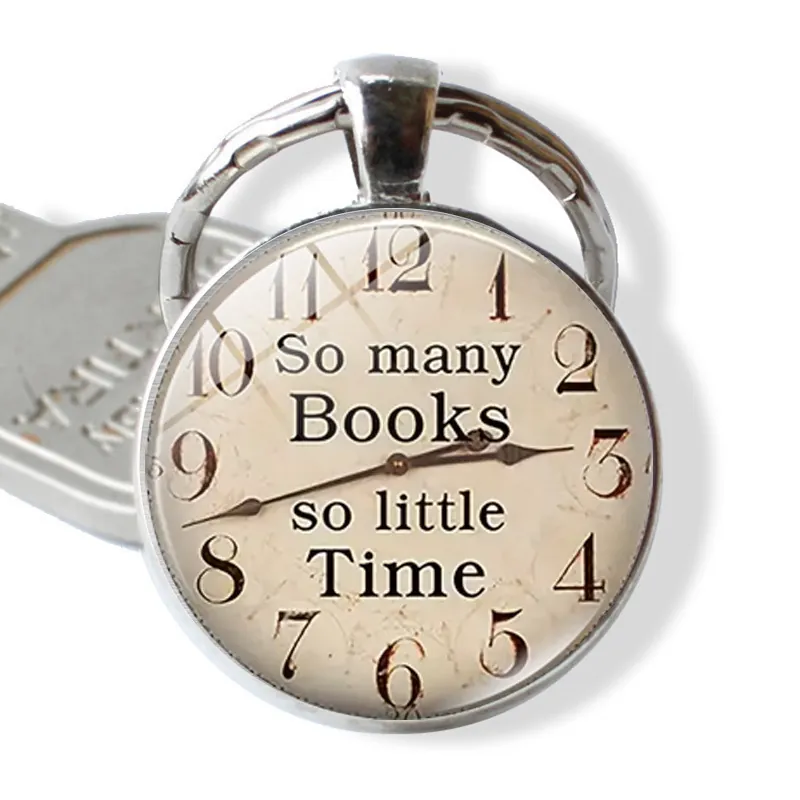 Vintage Clock Face Keychain So Many Books So Little Time Quote Round Alloy Glass Cabochon Pendant Gift For Readers