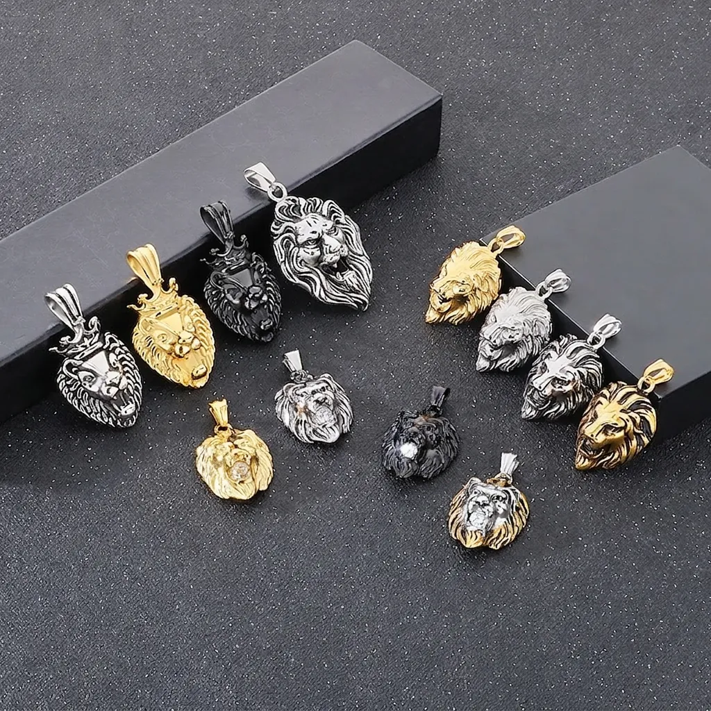 Collier Pendentif Tête De Lion Pour Hommes Acier Inoxydable Hip Hop Punk Style Gothique Bijoux Avec Zircon