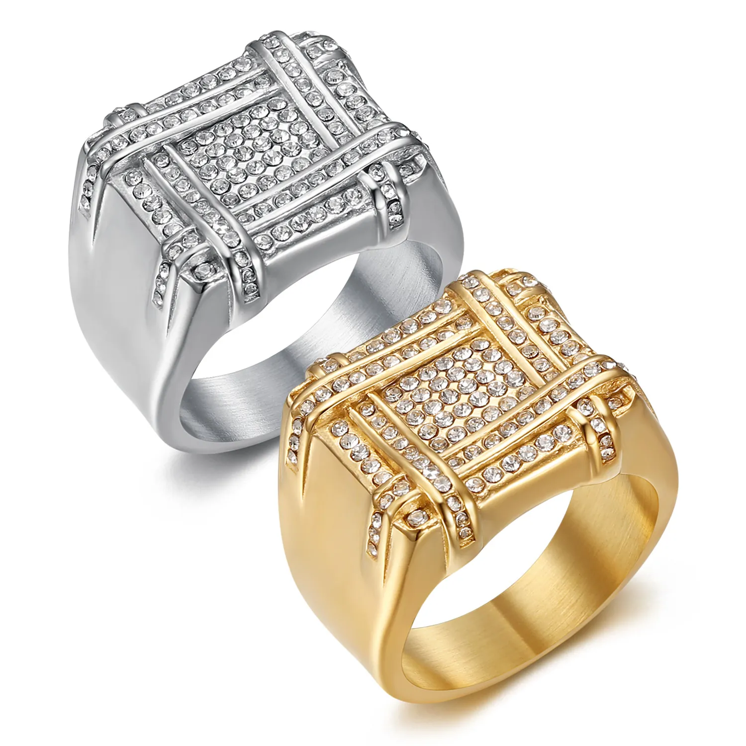 Men Square Signet Ring Stainless Steel Full Rhinestone Iced Out Hip Hop Style Geometric Band For Men