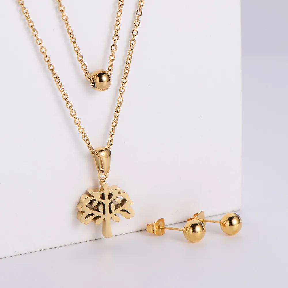 Collier Pendentif Arbre De Vie En Acier Inoxydable Et Boucles D'oreilles Puces Perles Rondes Pour Femme Style Coréen Or Argent Électroplaqué