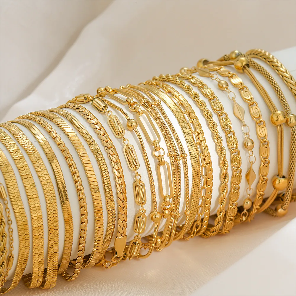 Minimalist Gold Plated Stainless Steel Chain Bracelet Anklet Adjustable Snake Rope Cuban Link Fashion Jewelry For Women