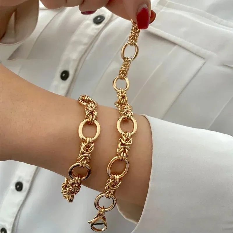 Chunky Chain Bracelet For Women Gold Color Metal Braided Textured Rings Spliced Oval Links Retro Industrial Fashion Jewelry