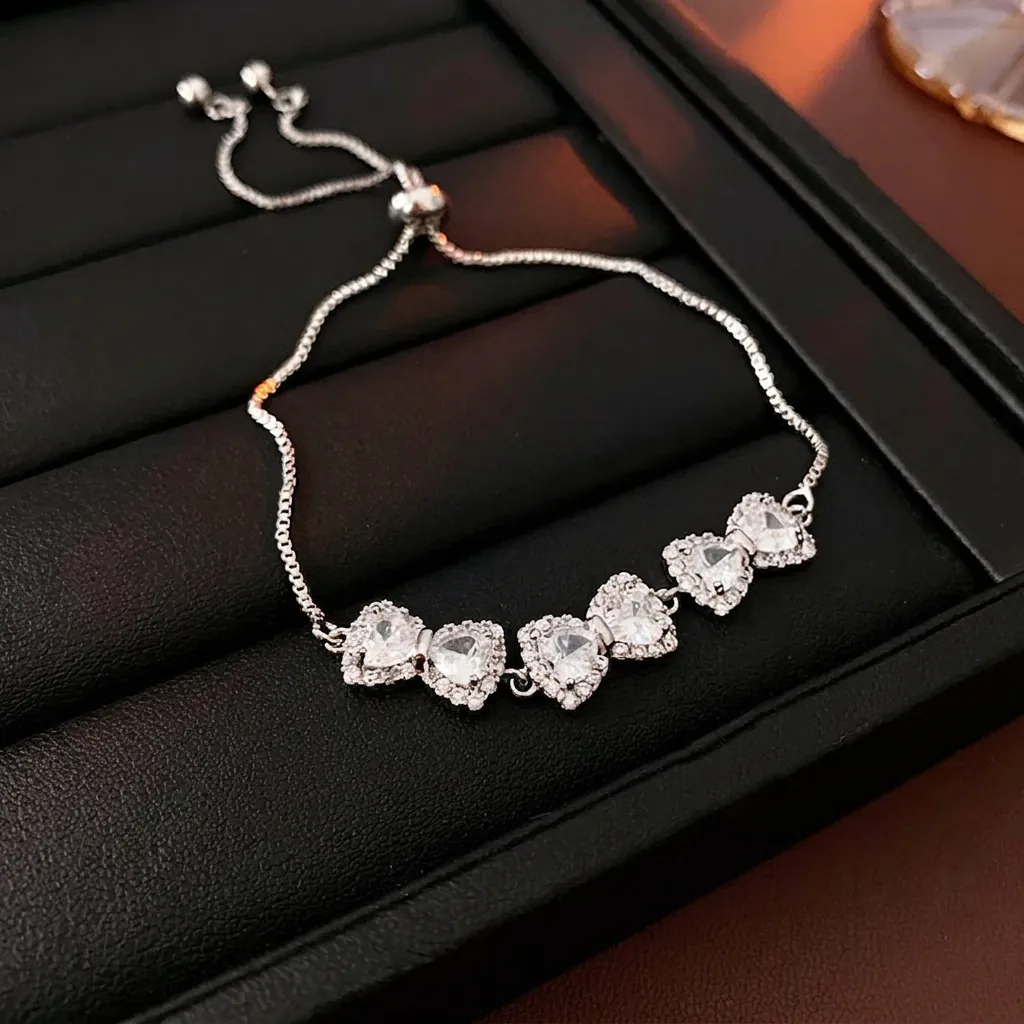 Bracciale Bolo Regolabile In Zircone Fiocco Cuore Per Donne Elegante Rame Cristallo Gioielli Scintillanti