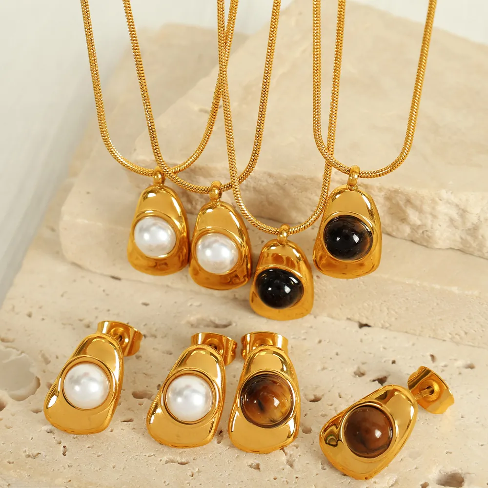 Stainless Steel Necklace And Earrings Irregular Geometric With Imitation Artificial Pearl And Tiger's Eye Stone For Women