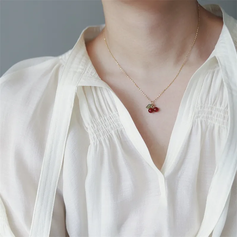 Cherry Pendant Necklace For Women Alloy Sweet Red Fruit Charm Summer Dainty Clavicle Chain Jewelry