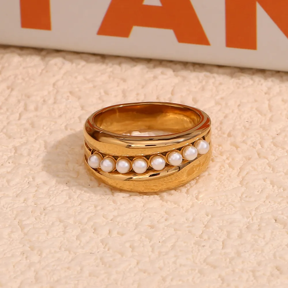 Wide Band Artificial Pearl Ring Stainless Steel 18K Gold Plated Elegant Retro Fashion Jewelry For Women
