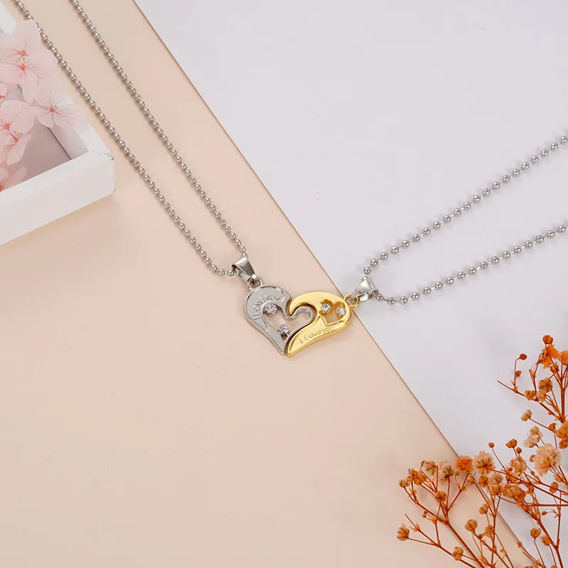 Alloy Rhinestone Heart Pendant Necklace For Couples I Love You Stitched Puzzle Heart Design Neck Jewelry Gift For Valentine's Day