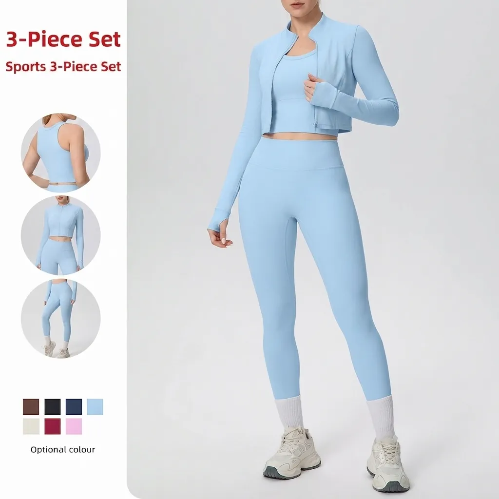Women Nylon Spandex Zip Up Long Sleeve Jacket Sports Bra Leggings Yoga Top And Bottom Slim Fit Gym Wear Athletic Outfit