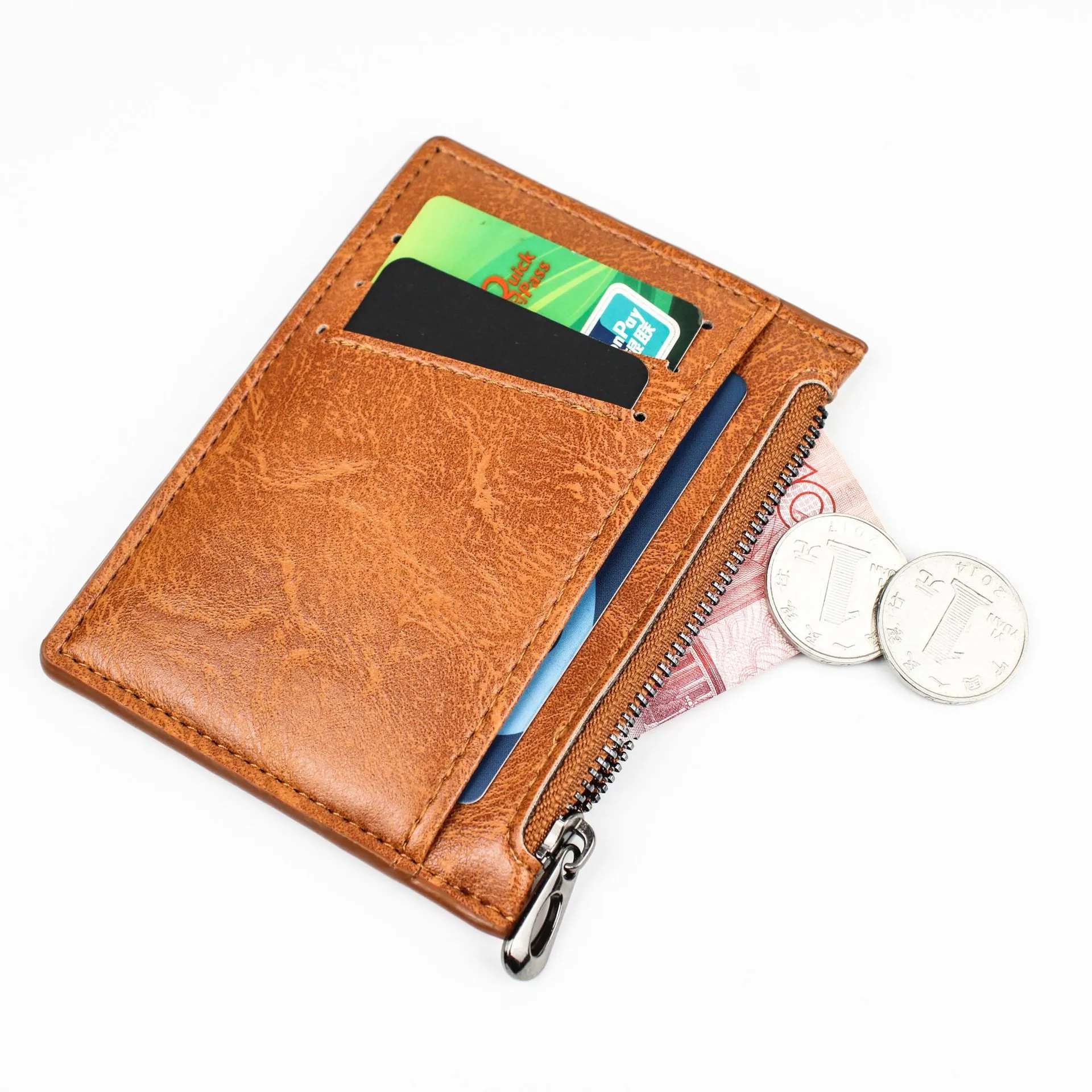 PU Leather Card Holder With Zipper Ultra Thin Multi Slot Coin Purse Solid Color Minimalist Wallet