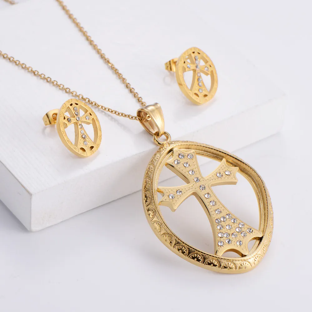 Religious Cross Jewelry Including 18K Gold Plated Stainless Steel Necklace And Earrings With White Rhinestones Vintage Hollow Oval Design For Women