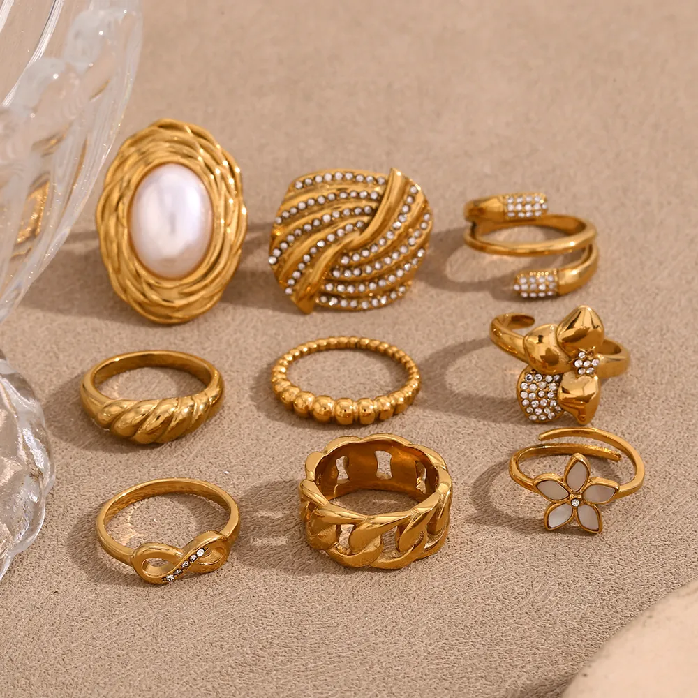 Double Head Flower Wheat Ear Ring Stainless Steel 18K Gold Plated Geometric Rhinestone Inlaid Retro Elegant Fashion Jewelry