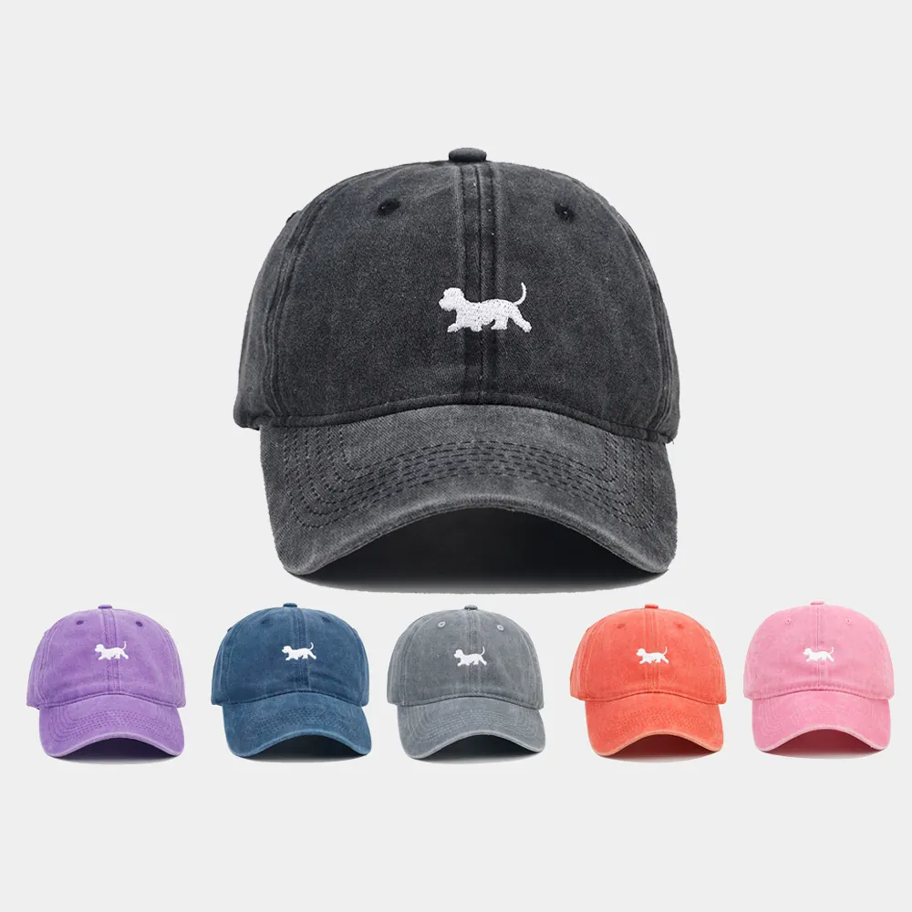Cappello Da Baseball In Cotone Lavato Vintage Distressed Dad Hat Ricamo Cane Cappello Da Sole Regolabile Per Uomini Donne