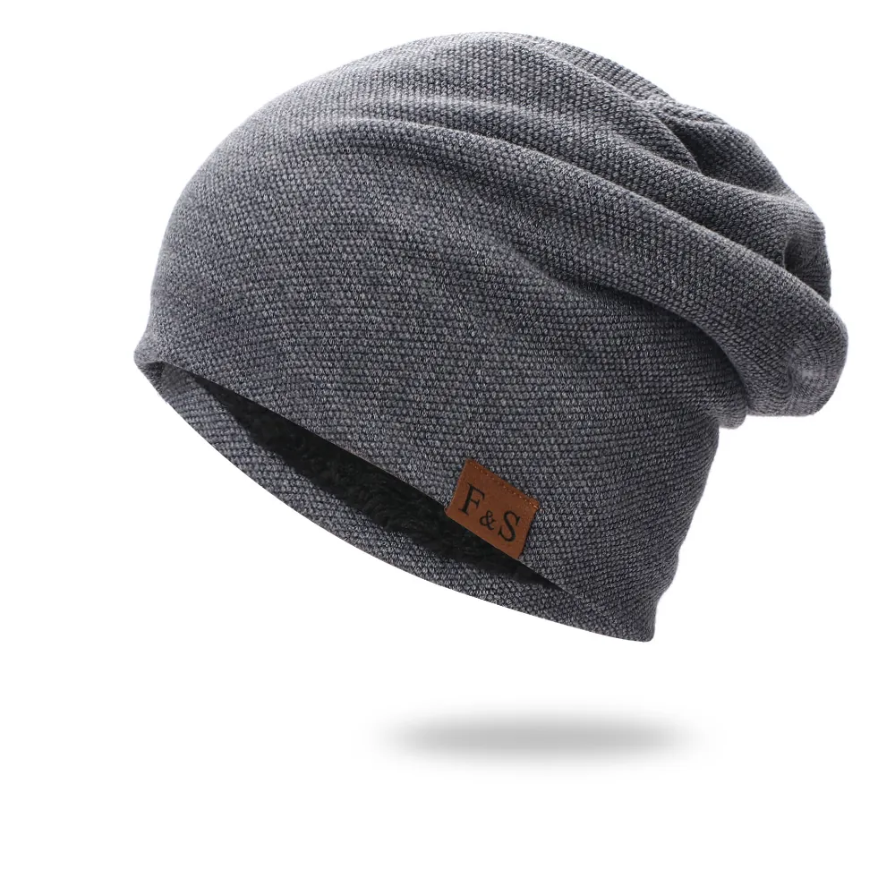 Berretto Beanie Slouchy Invernale Caldo In Maglia Con Fodera In Pile E Patch In Pelle Tinta Unita Termico Uomo Donna