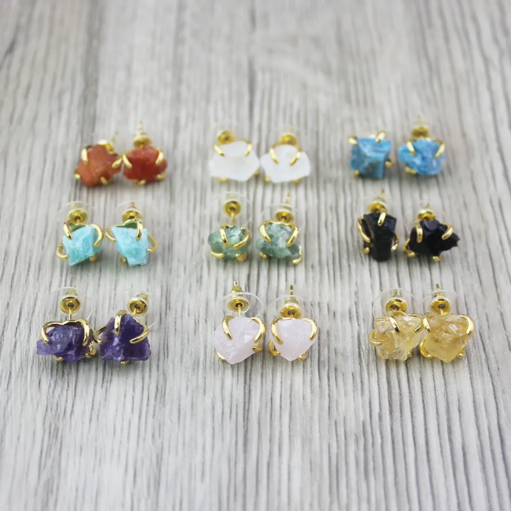Natural Raw Stone Stud Earrings Irregular Rough Healing Crystal Amethyst Rose Quartz Citrine Alloy Claw Boho Jewelry