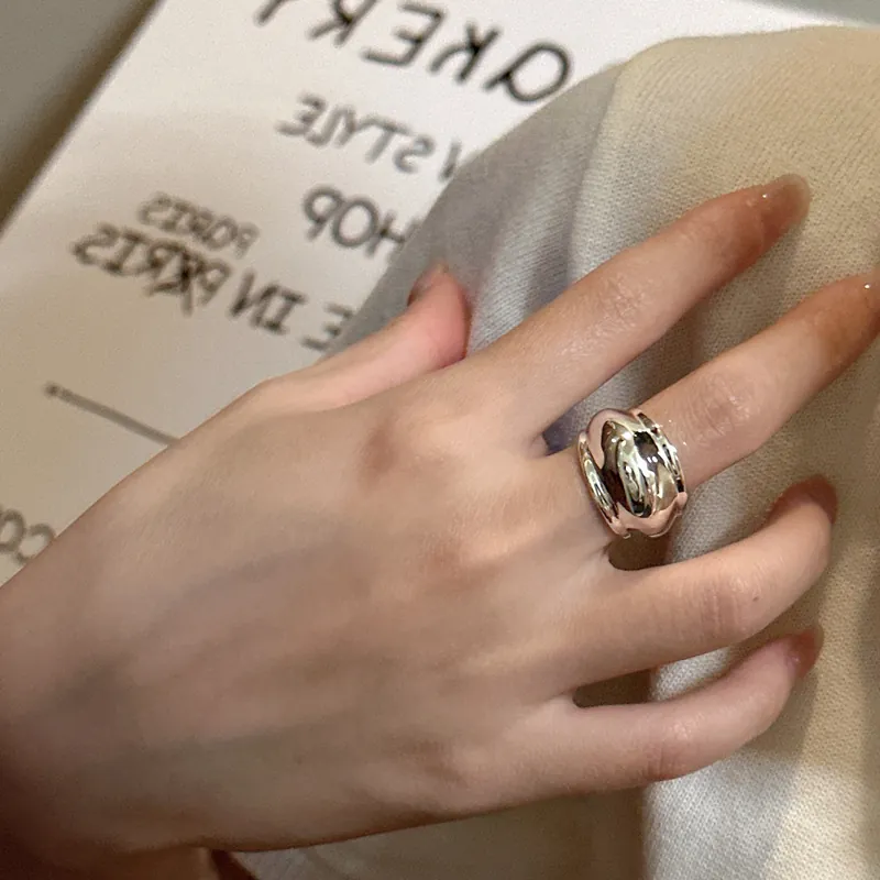 S925 Sterling Silver Minimalist Adjustable Ring Niche Design Geometric Heavy Duty Wide Wave Finger Ring Jewelry For Women