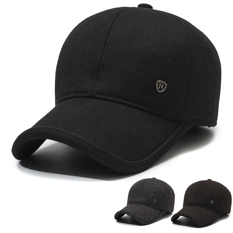 Men Winter Baseball Cap Thickened Woolen Cotton Ear Protection Warm Windproof Outdoor Peaked Hat Adjustable Metal Buckle