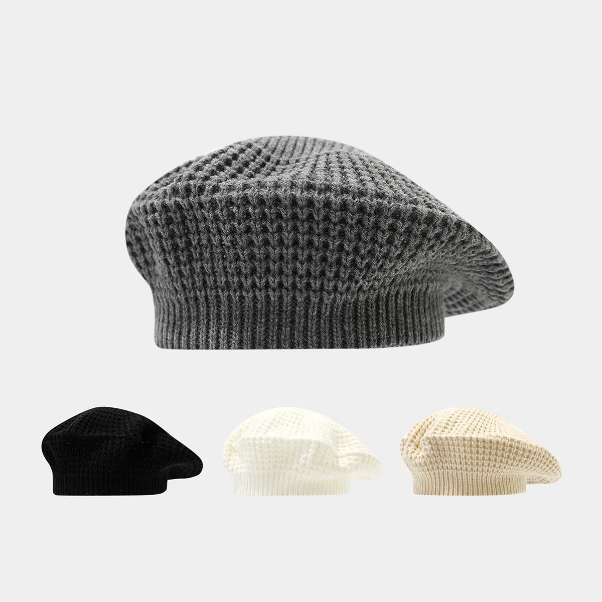 Béret Tricoté Femme Acrylique Texture Gaufre Couleur Unie Rétro Simple Chaud Hiver Casquette Peintre Élégant Mode