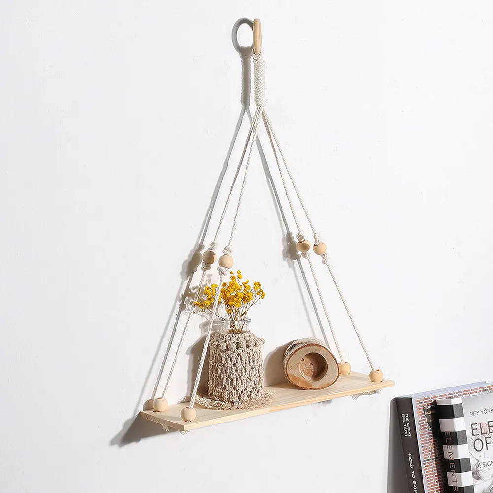 Bohemian Macrame Wall Hanging Shelf Handmade Woven Cotton Rope Wood Floating Shelves With Tassels For Home Wall Decoration