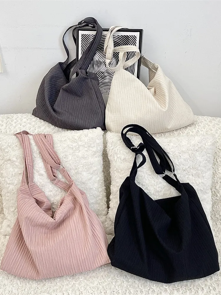 Women Pleated Shoulder Bag Large Capacity Polyester Striped Tote Adjustable Strap Korean Style Casual Commuter Crossbody