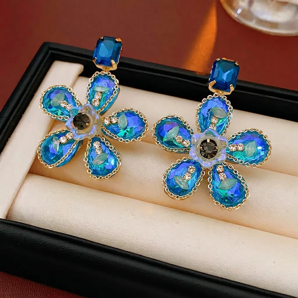 Boucles D'oreilles Fleur Vintage Pour Femmes Cristal De Verre Bleu Strass Alliage Doré Avec Tige En Argent Rétro Élégant