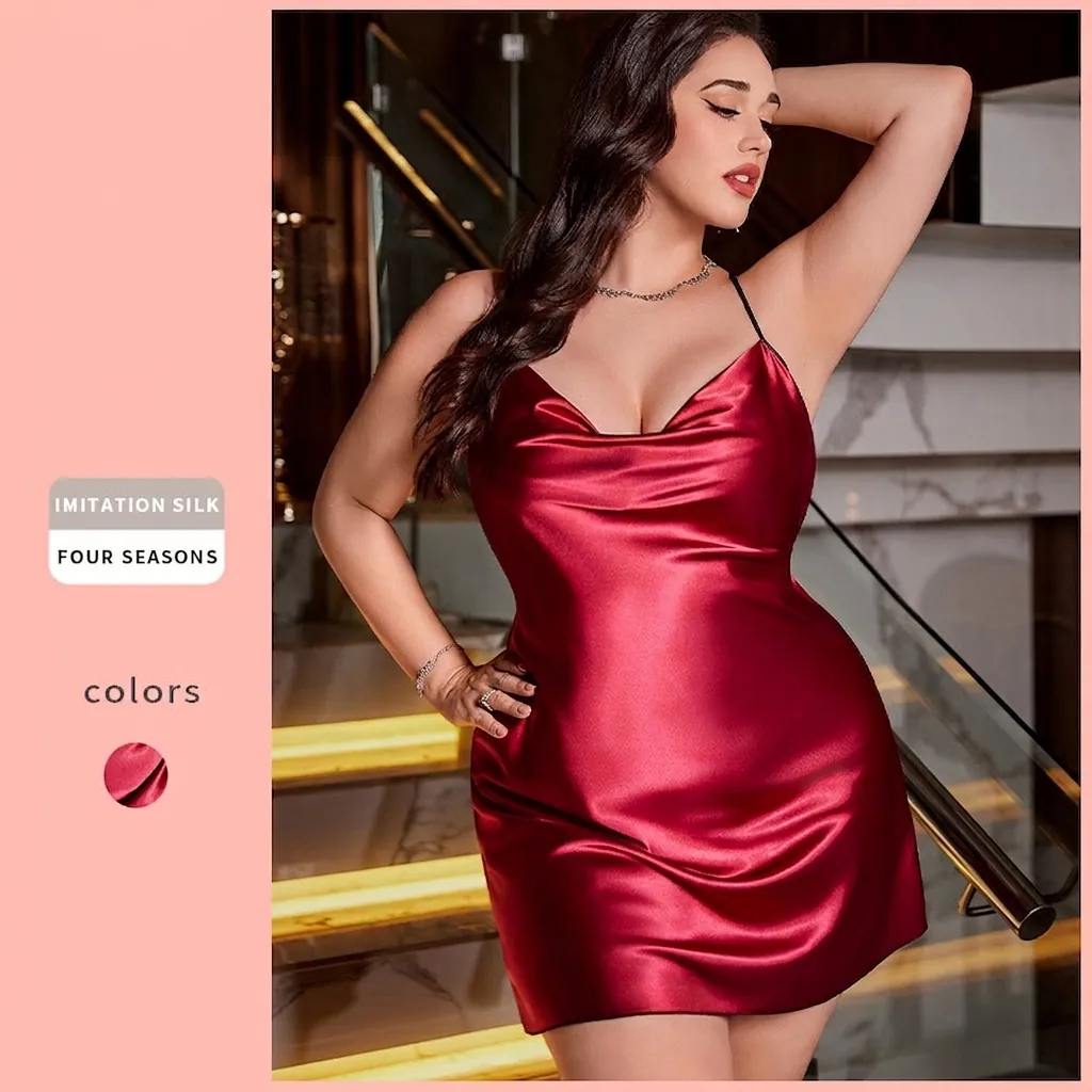 Plus Size Nightgown Imitation Satin Satin Cowl Neck Spaghetti Strap Back Butterfly Lace Embroidery Sleepwear For Women