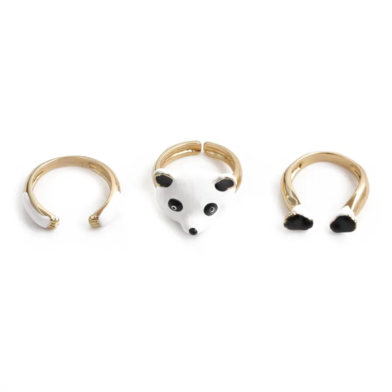 Simpatici Anelli Con Testa E Artigli Di Panda Rame Placcato Oro Smalto Aperto Regolabile Gioielli Da Donna