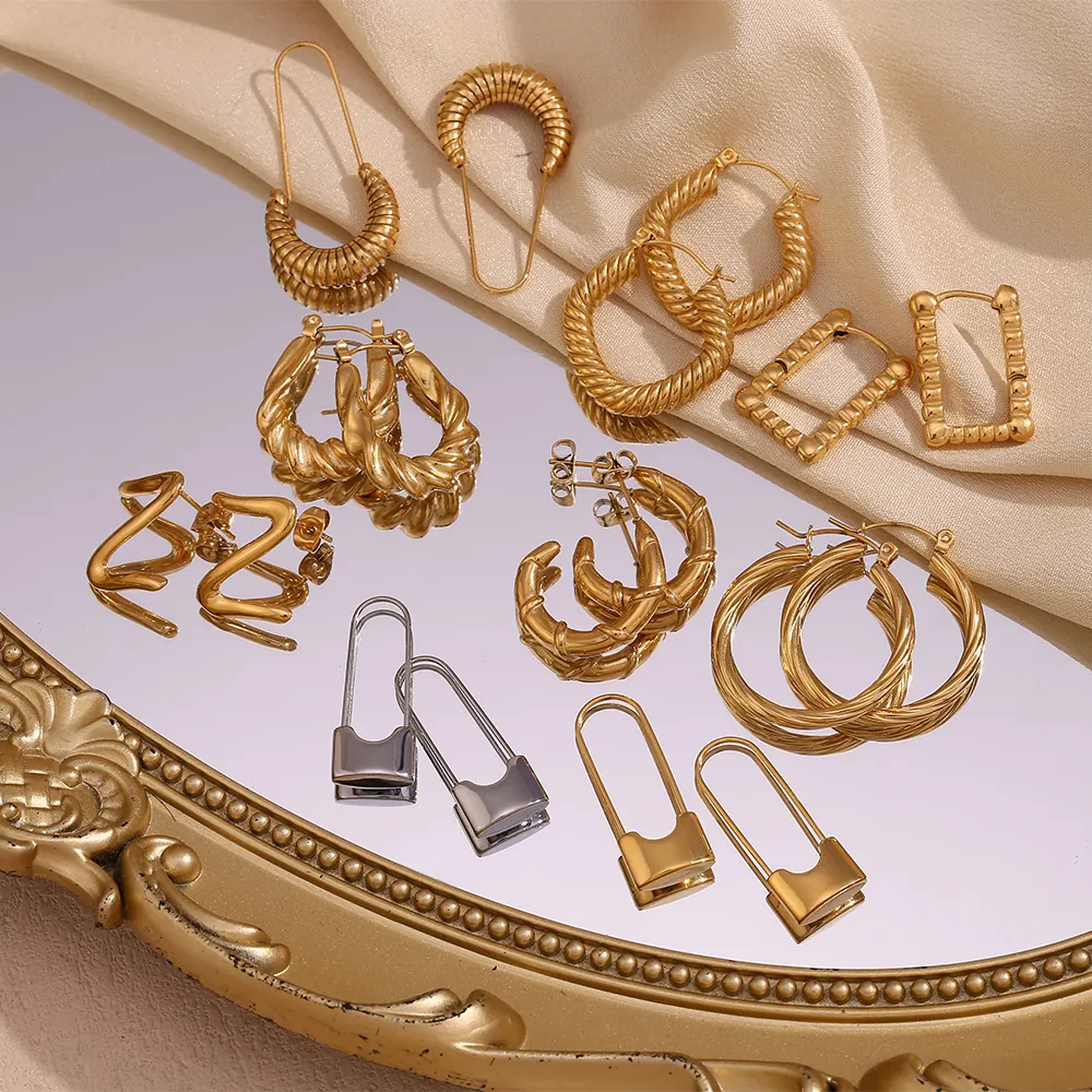 European Minimalist Geometric Stainless Steel Earrings 18K Gold Plated Hollow Z Shaped Hoop Earrings Women Vintage Jewelry