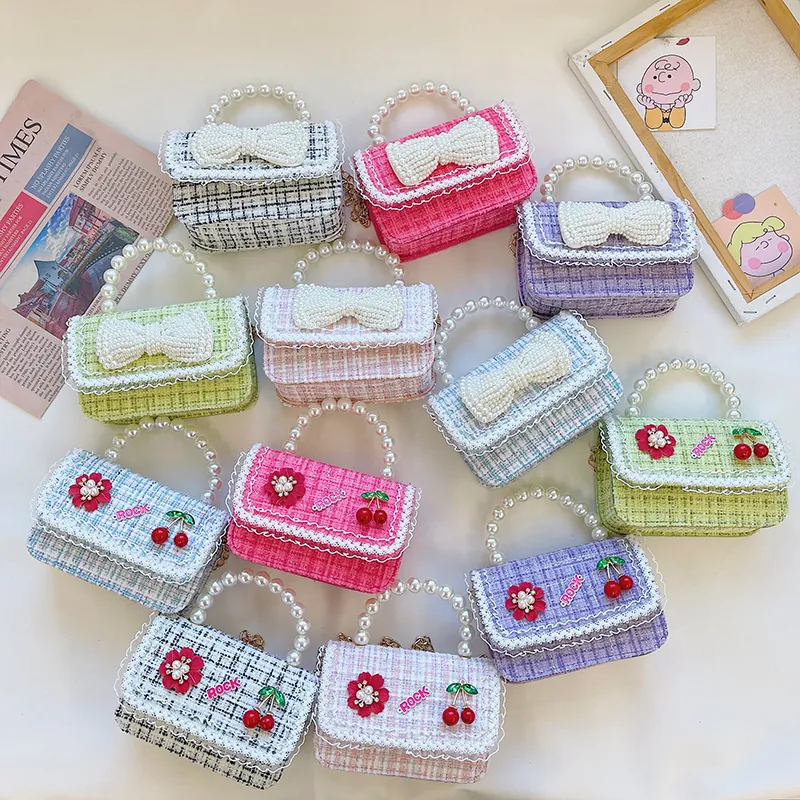 Kids Girls Mini Crossbody Bag Tweed Artificial Pearl Handle Bowknot Metal Chain Sweet Princess Fashion Accessory