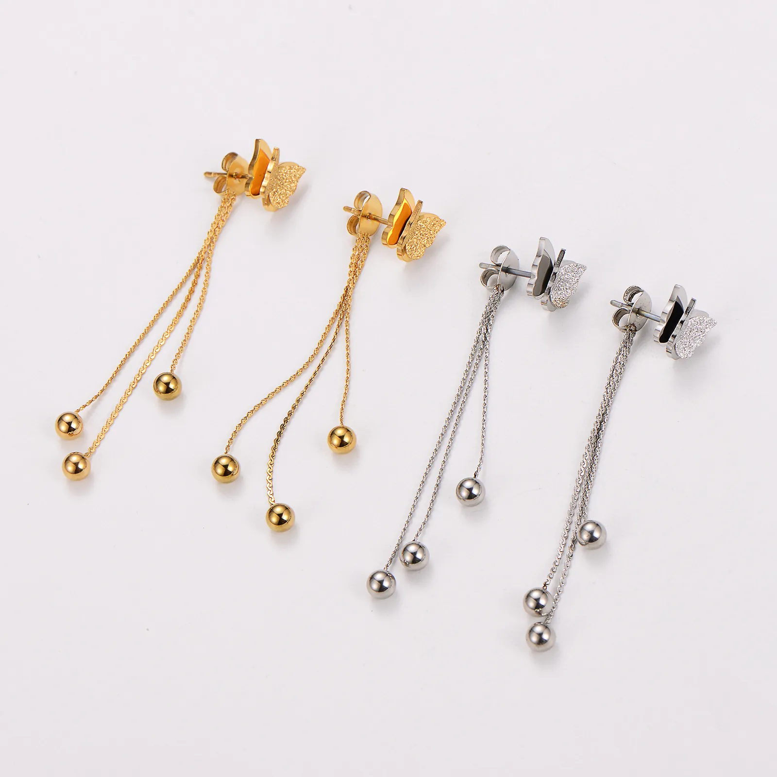 Boucles D'oreilles Puces Papillon À Franges Acier Inoxydable 304 Chaîne Longue Pendante Perles Métal Bijoux Élégants Femme