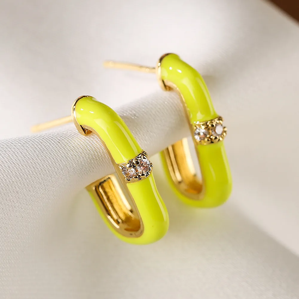 Geometrische U-Förmige Ohrstecker Gold Vergoldetes Kupfer Emaille Bunte Zirkonia Modeschmuck Für Damen