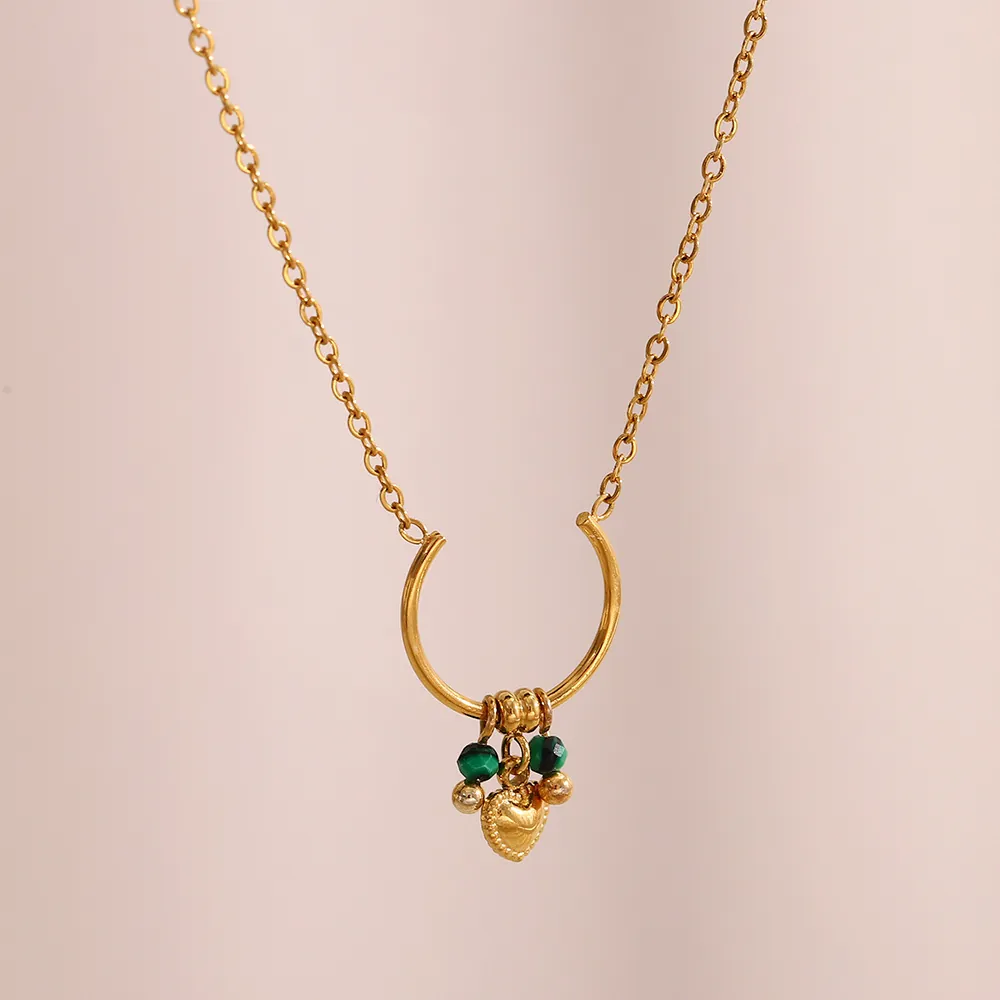 Vintage Heart Pendant Necklace 18K Gold Plated Stainless Steel With Green Beads U-Shape Ring Fashion Jewelry For Women